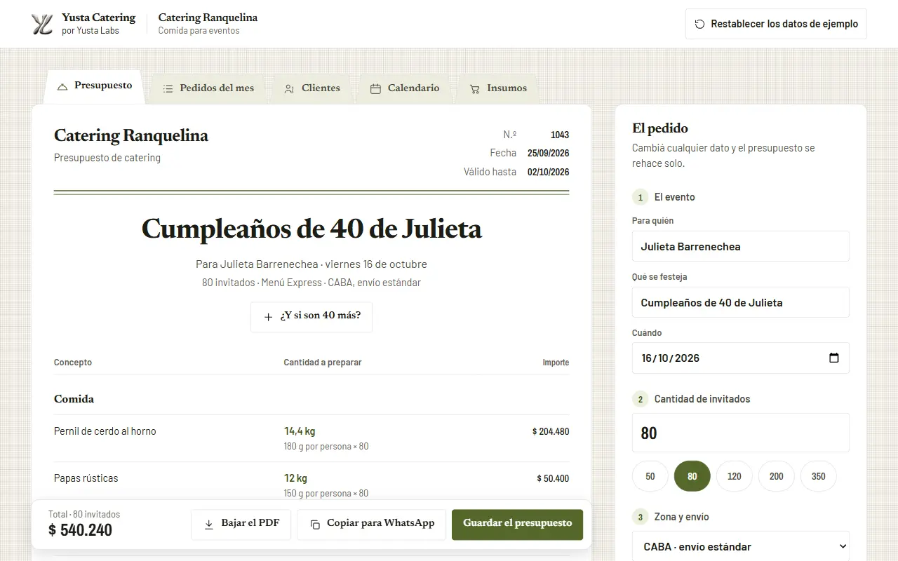 Pantalla de la demo Yusta Catering