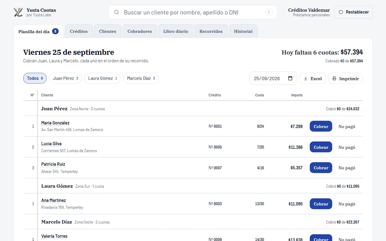 Pantalla de la demo Yusta Cuotas