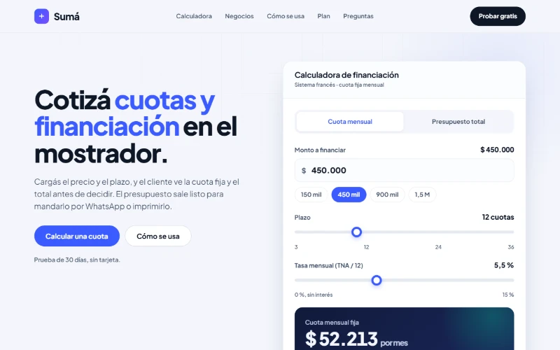 La página de Sumá, tal como se ve al abrirla