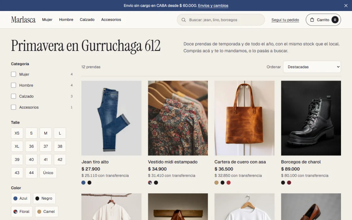 La tienda de ejemplo de Marlasca, un local de ropa que no existe: el catálogo con los filtros y el carrito