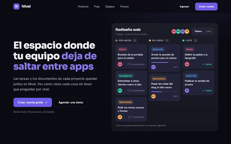 La página de Nivel, tal como se ve al abrirla